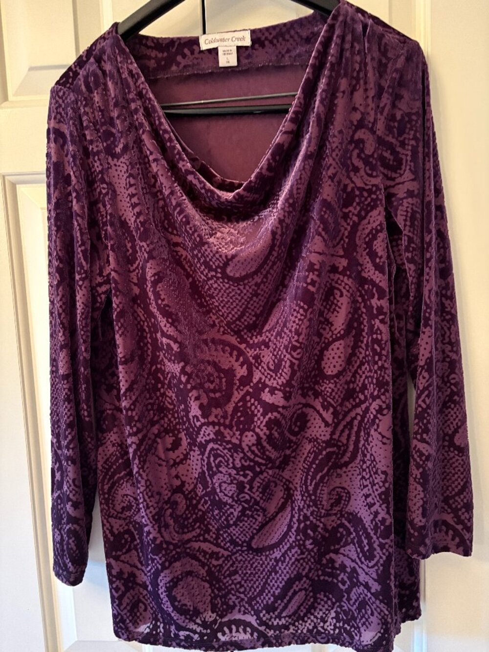 Coldwater Creek Purple Burnout Velvet Paisley Drape Neck Top Sz L